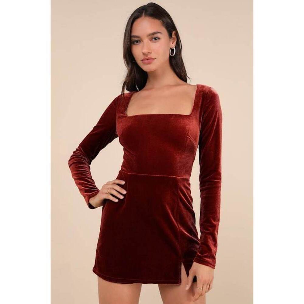 Lulus Admirable Aura Rust Velvet Long Sleeve Skort Romper Orange - Size M